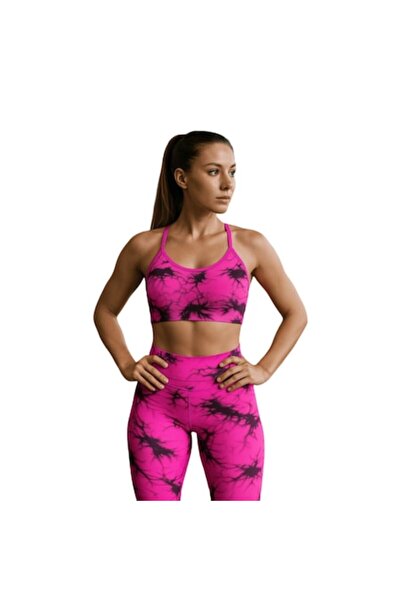 Mixbo - Set sport Tie-Dye din 2 piese, colanți și sutien sport, Fuchsia/Negru, L