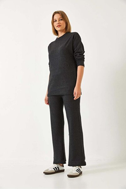 Asil Modest Crew Neck Basic Top and Bottom Cotton Knitted Set