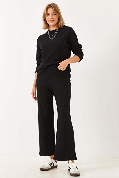 Asil Modest Crew Neck Basic Top and Bottom Cotton Knitted Set