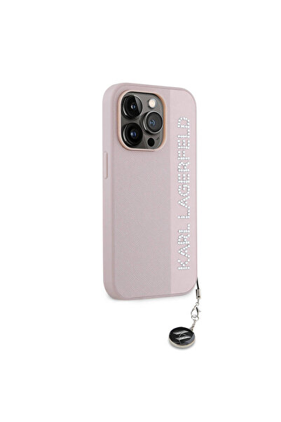 Karl Lagerfeld حافظة ستوني سافيانو راينستونز لهاتف آيفون 14 برو ماكس مع سلسلة مفاتيح من كيه إل سكرايب