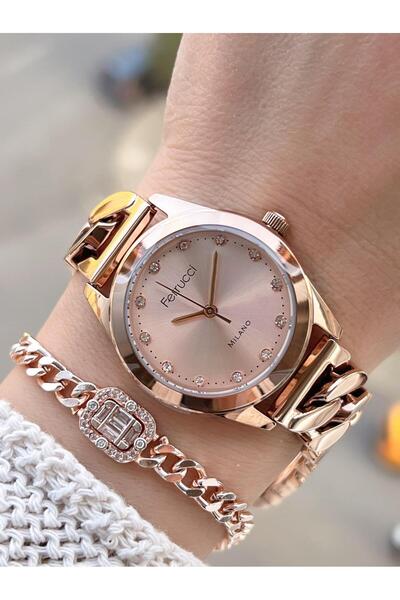 Ferrucci Çelik Kordon 2 Yıl Garantili 3 Atm Suya Dayanıklı Kadın Kol Saati+Bileklik BFC.03588.02