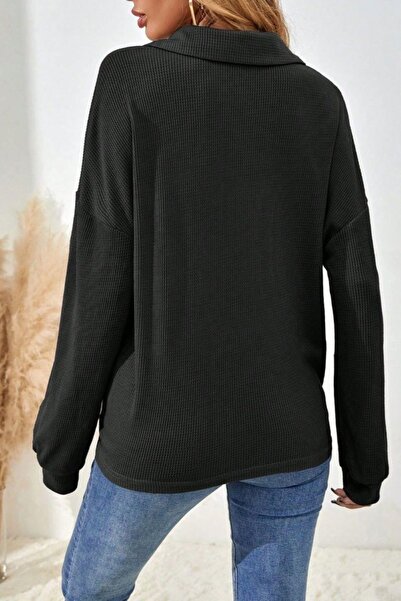 Mossta Buttoned Oversized Waffle Blouse - Black