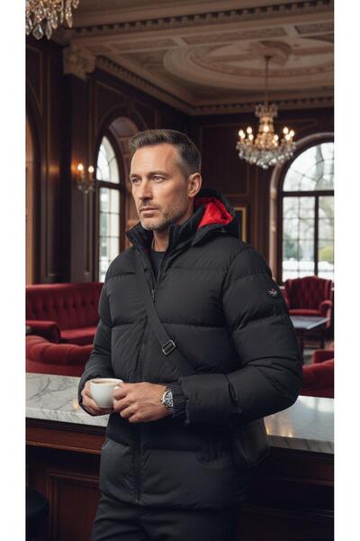 Plus Scorpion Black Puffer Jacket With a Hood, Red Lining, Wind-Resistant, Ideal For Winter