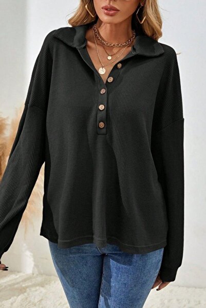 Mossta Buttoned Oversized Waffle Blouse - Black