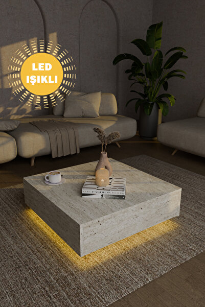 webotto 8 Almad Led Işıklı Tv Ünitesi ve Led Işıklı Kare Orta Sehpa Takımı Bohem Tarz Modern Tasarım Traverten