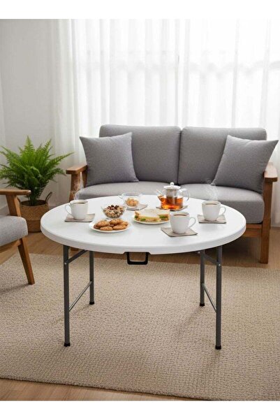 AGD Round Foldable Plastic Table, Metal Frame, Ideal for Trips, Camping, and Home, 122*73 cm