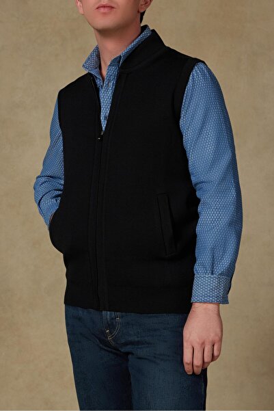 Abbate Forte Knitted Fabric Wool Modern Fit Black Mock Neck Men's Plain Knitwear