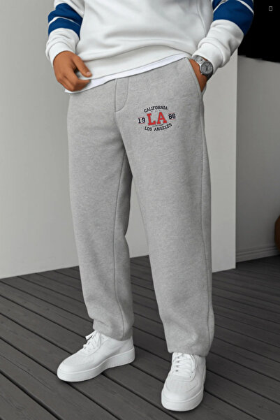 EydaMoon Ανδρικό χειμερινό φαρδύ παντελόνι με φλις εσωτερικά, με γράμματα Los Angeles, φαρδιά πόδια και πλαϊνές τσέπες