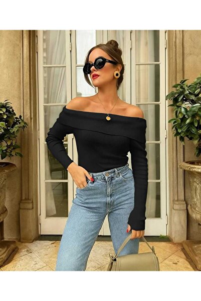 Asil Modest Madonna Collar Ribbed Knit Cotton Knitted Fabric Bodysuit