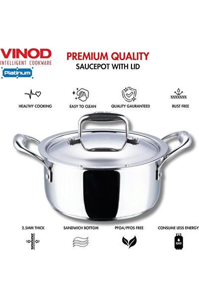 Vinod Platinum Tri-Ply Stainless Steel Saucepan, 22 cm, 4 L (Induction Compatible)