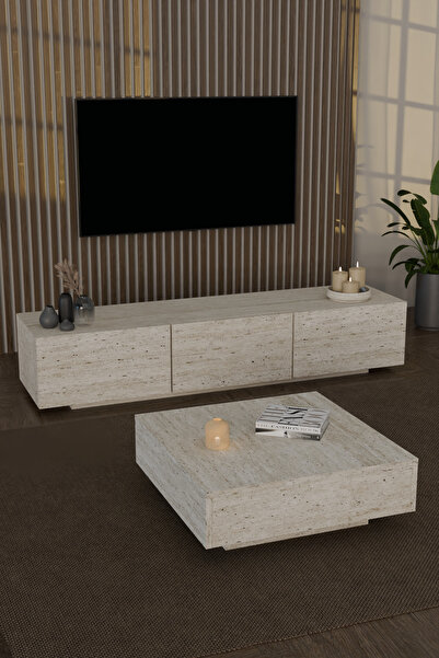 webotto 8 Almad Led Işıklı Tv Ünitesi ve Led Işıklı Kare Orta Sehpa Takımı Bohem Tarz Modern Tasarım Traverten