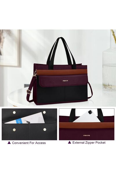 Mosiso 15.6" PU Leather Laptop Tote Bag for Women with Flapover Pocket & Clutch, Plum