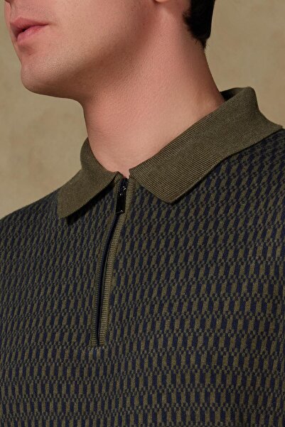 Abbate Claro Knitted Fabric Cotton Blend Modern Fit Khaki Polo Collar Men's Patterned Knitwear