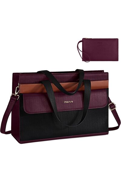 Mosiso 15.6" PU Leather Laptop Tote Bag for Women with Flapover Pocket & Clutch, Plum