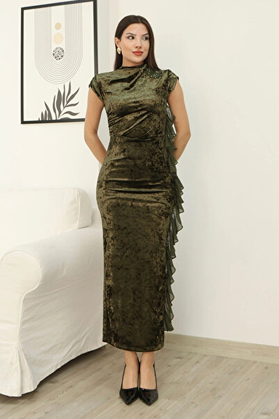 lodmela Velvet Evening Dress with Floral Brooch and Ruffle Detail 6062-Khaki