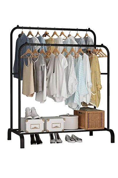 AGD رف ملابس معدني مزدوج القطب مع رف سفلي للأحذية والصناديق - أسود