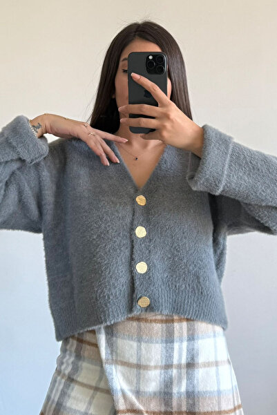 CİDDE Women's Soft Bearded Blue V-Neck Four Button Cardigan