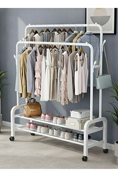 AGD منظم شماعات ملابس معدني وحامل ملابس أبيض بعجلات 110×57×150 سم