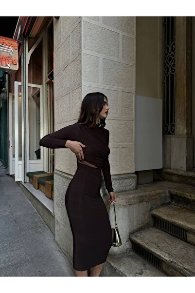 SHEYMA Stretchy Sandy Fabric Tulle Low-Cut Detail Mock Neck Long Sleeve Midi Length Brown Pencil Dress 583154