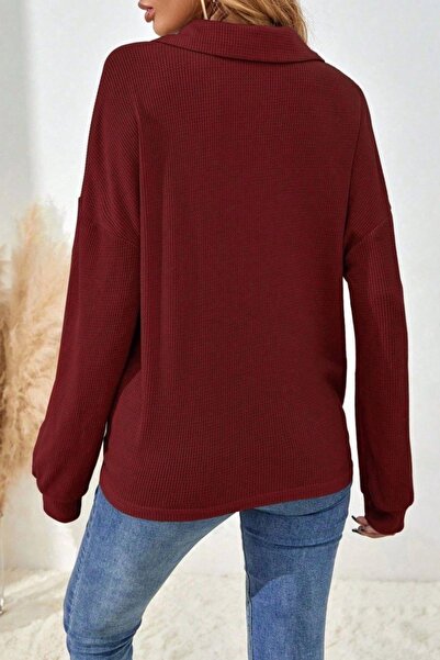Mossta Buttoned Oversized Waffle Blouse - Burgundy