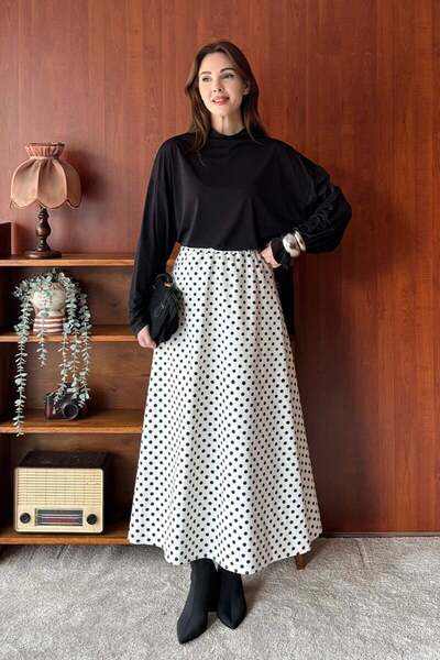 Ceylan Otantik White Black Polka Dot Linen Skirt