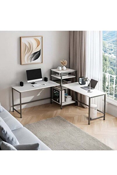 AGD مكتب كمبيوتر زاوية أبيض على شكل حرف L قابل للتعديل بثلاثة اتجاهات مع رف ط...