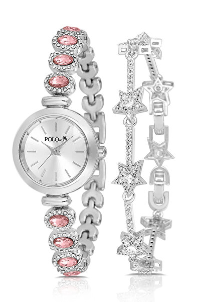 Polo Air ساعة يد نسائية فاخرة بسوار حجر وسوار نجمة مزيج من اللون الفضي والوردي PL-1574B3