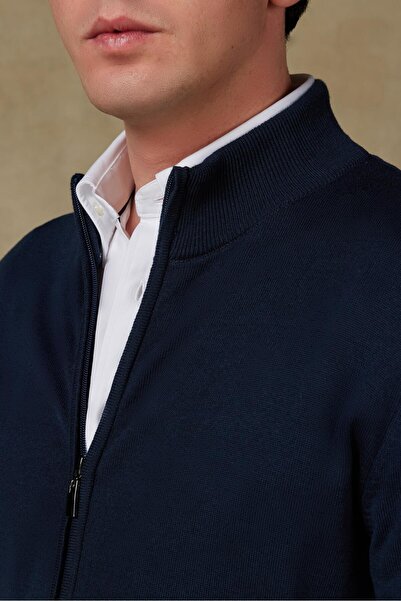 Abbate Seta Knitted Fabric Cotton Modern Fit Navy Blue Mock Neck Men's Plain Knitwear