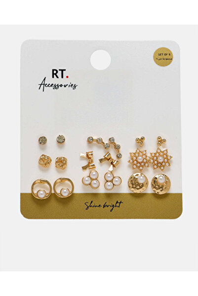 REDTAG Women Gold Embellished Studs Set (9 Piece)