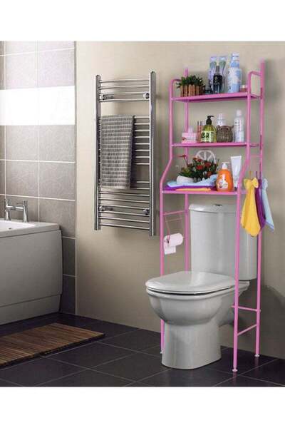 AGD رف تخزين للحمام فوق المرحاض بثلاث طبقات معدني موفر للمساحة باللون الوردي
