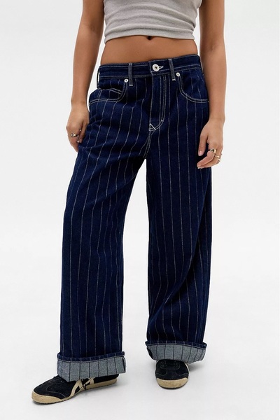 september island Navy Blue Striped Baseball Baggy Boyfriend Jeans with Embroidered Logo on the Back