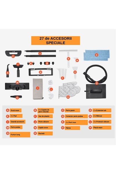 OEM Mop - steam cleaner, 1500 W, 1.5 L tank, 6.5 bar, kit of 27 accessories, 100C temp.