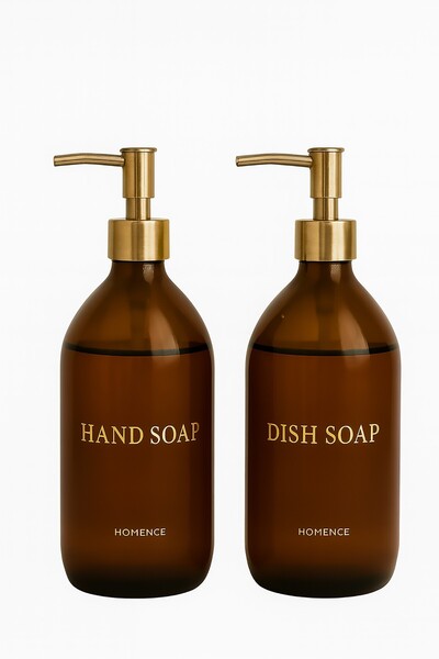 homence 2’li Amber Cam Sıvı Sabun Bulaşık Deterjanı Şişesi Gold Kapaklı Sabunluk 500ml