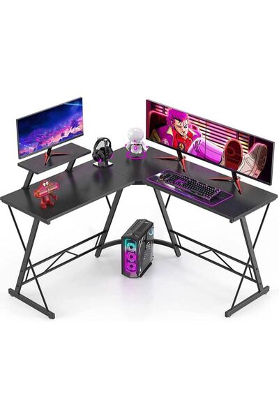 AGD L-Shaped Computer Desk - Corner Gaming & Writing Workstation, Space-Saving, Easy to Assemble, Bl