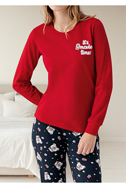 Loule Women's Red “It's Movie Time” Printed 100% Cotton Long Sleeve Pajamas Set