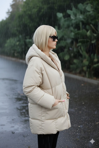 İpli Γυναικείο πουπουλένιο παλτό – oversized , Με μπροστινή τσέπη, Αντιανεμικό, Χειμερινό με κουκούλα