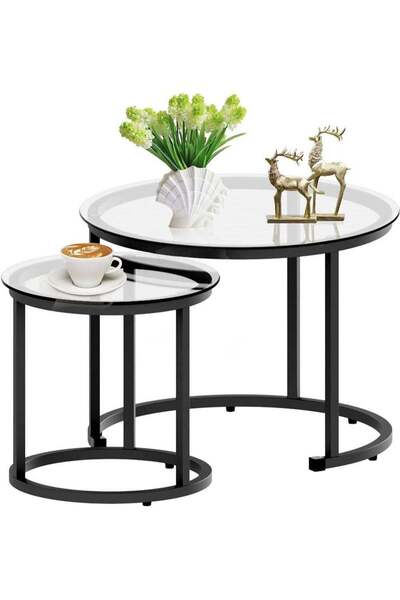 AGD مجموعة من طاولتي قهوة زجاجيتين متداخلتين، طاولات جانبية معدنية مستديرة مع سطح زجاجي