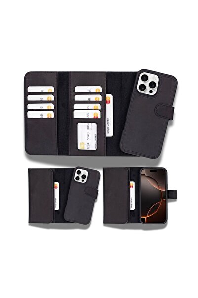 PLM Apple iPhone 16 Pro Max Compatible, Genuine Leather, Handmade, Wallet Case, Matte Black