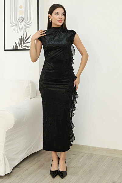 lodmela Rochie de seara din catifea cu brosa cu flori si detaliu cu volane 60...