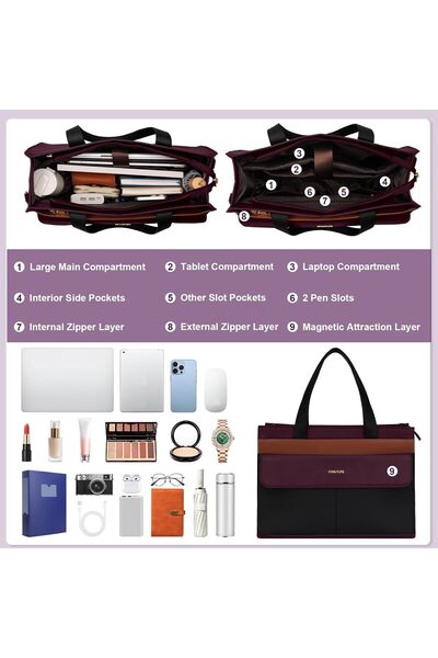 Mosiso 15.6" PU Leather Laptop Tote Bag for Women with Flapover Pocket & Clutch, Plum