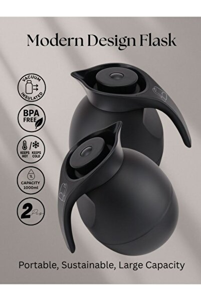 Raz Home Set of 2 High Quality Vacuum Flask for Coffee Tea Water 1000ml - Black