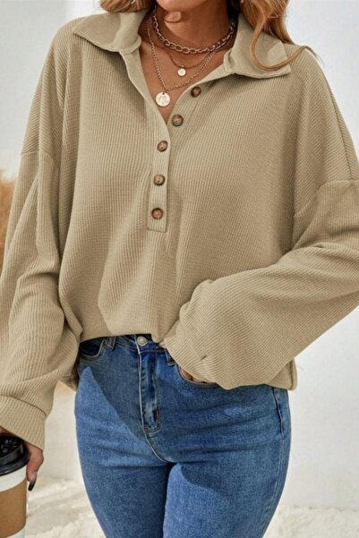 Mossta Μπλούζα με κουμπιά oversized - Μπεζ