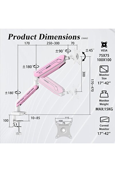 Generic ETHU Single Heavy Duty Monitor Arm for 17-42 inches, 15KG, 30 RGB Lighting, VESA 75/100mm, Rosy