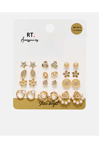 REDTAG مجموعة أقراط نسائية مرصعة بالذهب (12 قطعة)