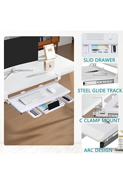 Generic ETHU Under-Desk Keyboard Tray, Pull-Out Keyboard & Mouse Tray with C-Clamp, White