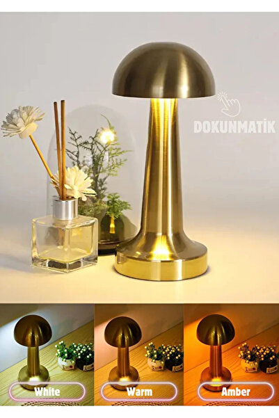 9a Bronz Dokunmatik Mantar Masa Lambası 3 Işık Renkli Şarjlı Masa Lambası Gold