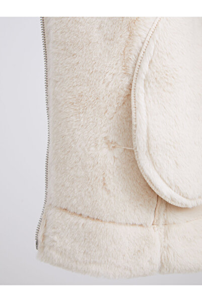 LC Waikiki Vision Ecru Fur Collar Women's Leather-Look Coat