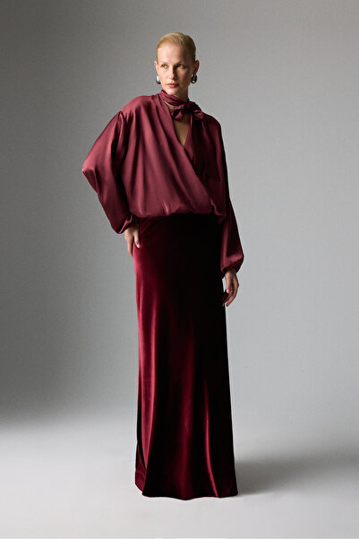 Roman Kadife Beli Lastikli Maksi Boy Etek Bordo K2615067_008