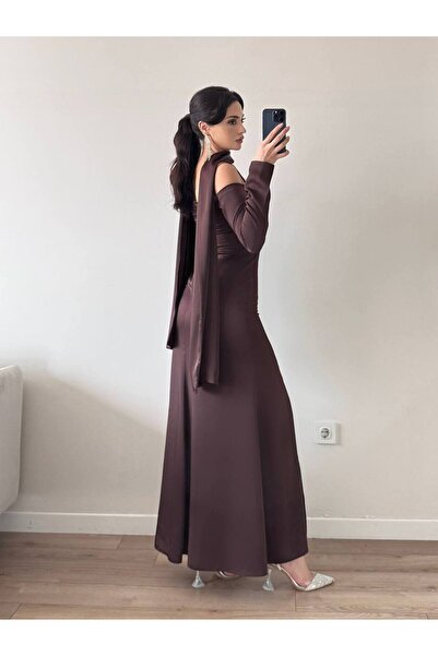 LOCH BUTİK Women's Brown Satin Strap Shawl Slit Maxi Dress