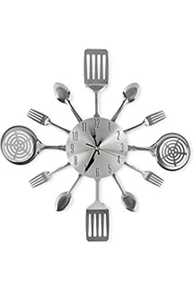 genernic 16-inch Kitchen Wall Clock Spoon & Fork Design, Silver, Analog - Sigeera
